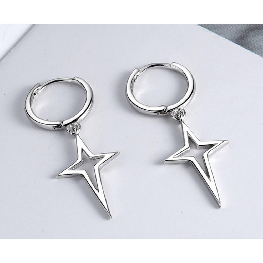 NEW 14k‎ White Gold 925 Star Dangle Huggie Hoop Earrings Celestial 32mm